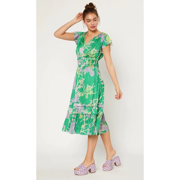 Current Air Sereia Botanical Motif Midi Dress Womens Large Green Purple New - Picture 2 of 10